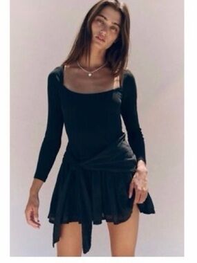 Free People Black Square-Neck Long-Sleeve Mini Dress